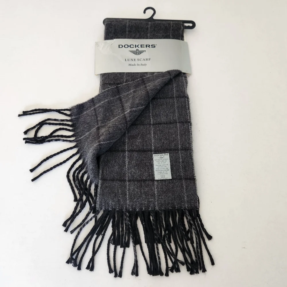 Dockers Charcoal Black Checkered Fringed Luxe Scarf ~ Made in Italy ~ NWT